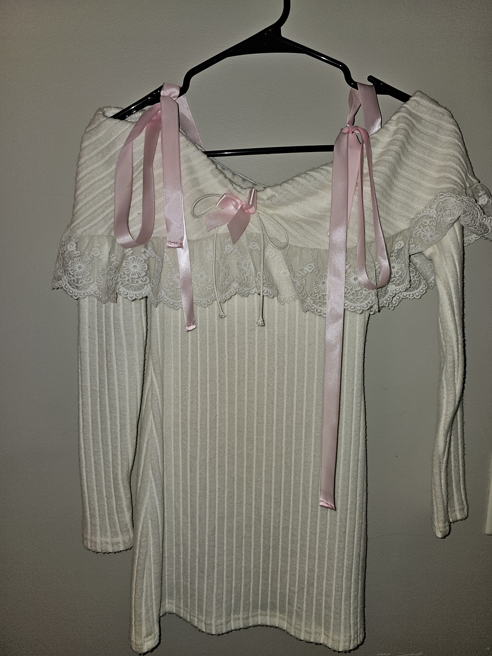 Lace Trim Off-Shoulder Mini Dress with Pink Ribbon